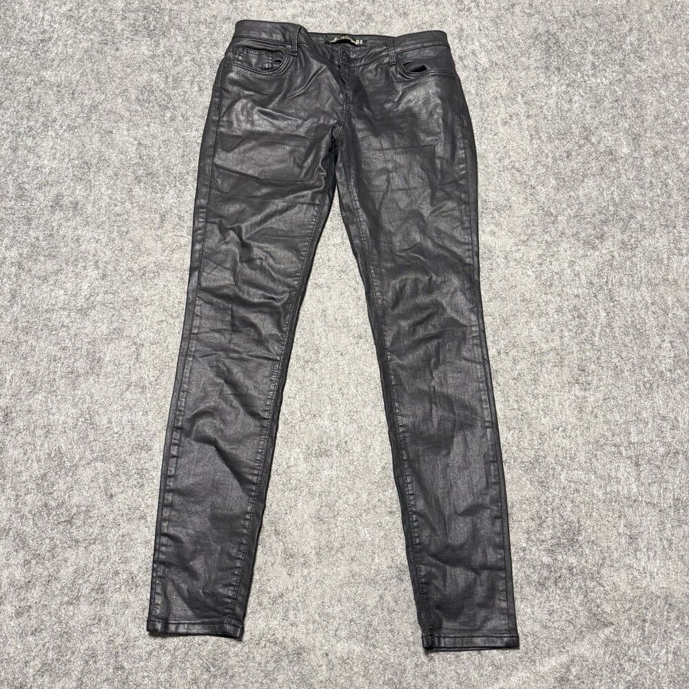 Zara Woman Waxed Cotton Jeans Sz 4 Black Coated Leather Look Stretch Slim